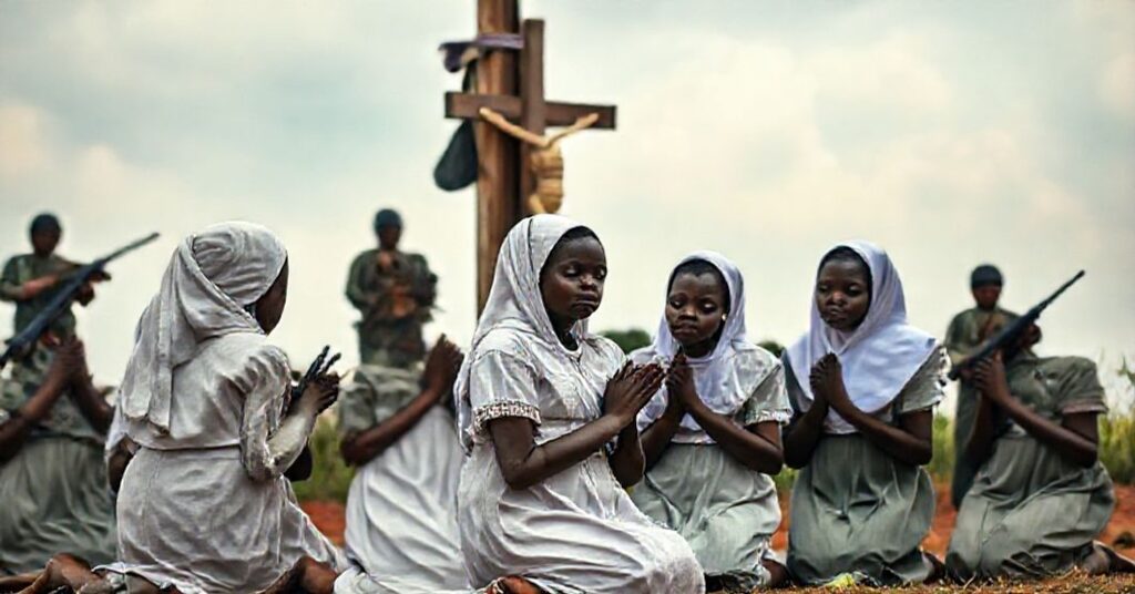 Grupa nigeryjskich uczennic w modlitwie przed krzyżem na tle uzbrojonych napastników.