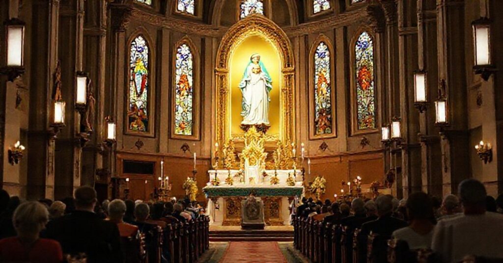 Wnętrze tradycyjnego kościoła katolickiego podczas uroczystości Niepokalanego Poczęcia z ołtarzem ozdobionym rzeźbami Niepokalanej i św. Piusa IX oraz kapłanem w ornaty.