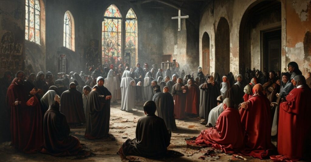 Scena katolicka w Nikaragui przedstawiająca prześladowane duchowieństwo i wiernych podczas uwolnienia z więzienia przez reżim Ortegi