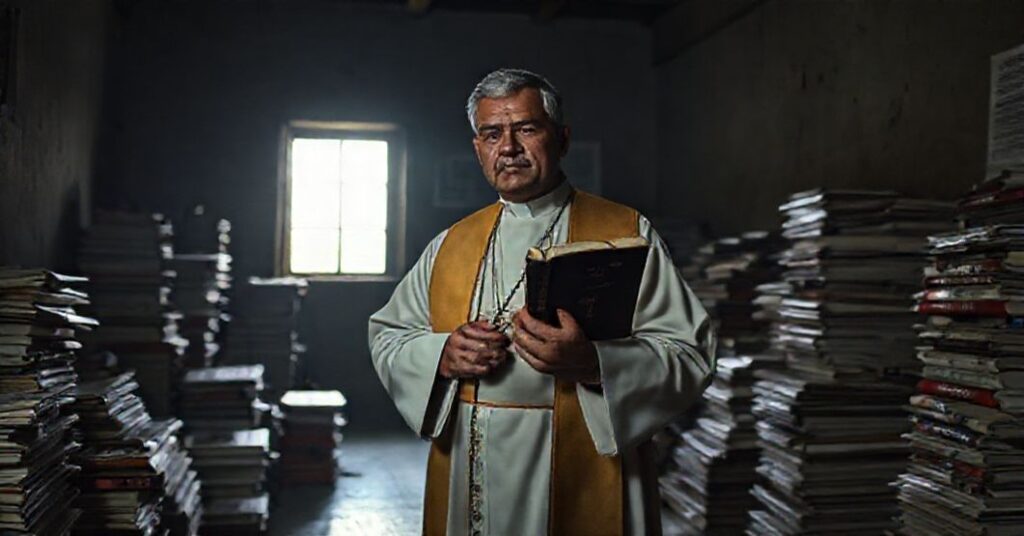 Ksiądz w tradycyjnym stroju kościelnym trzyma Biblię w rękach, otoczony skonfiskowanymi księgami i gazetami w ciemnym pomieszczeniu w Nikaragui pod rządami Daniela Ortegi.