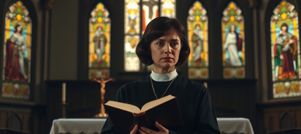 Portret Niny Hagen w tradycyjnym katolickim wnętrzu kościoła z Biblią i krzyżem, symbolizujący jej błędną protestantycką wiarę.