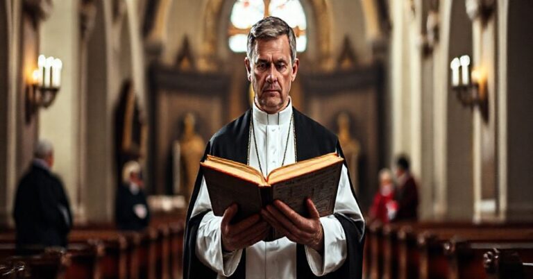 Tradycyjny katolicki ksiądz w szatach liturgicznych stoi w ciemnym kościele, trzymając brewiarz, symbolizujący zniszczenie eklezjologii.