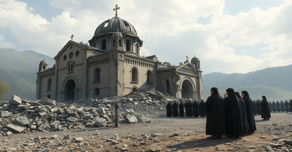 Zdjęcie przedstawia dezolację po zniszczeniu ormiańsko-katolickiej katedry Matki Bożej w Stepanakercie przez wojska azerskie. W tle widoczne są ruiny świątyni z zawałonymi kopułami i rozbitymi krzyżami, a osoby modlące się i opłakujące katastrofę.