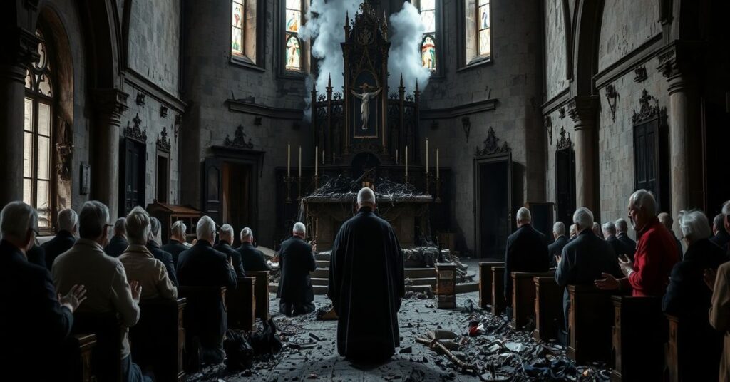 Scena zniszczenia wnętrza historycznego kościoła św. Piotra w Huttenheim w Niemczech po aktach wandalizmu. Wierni modlą się wśród ruin ołtarza.