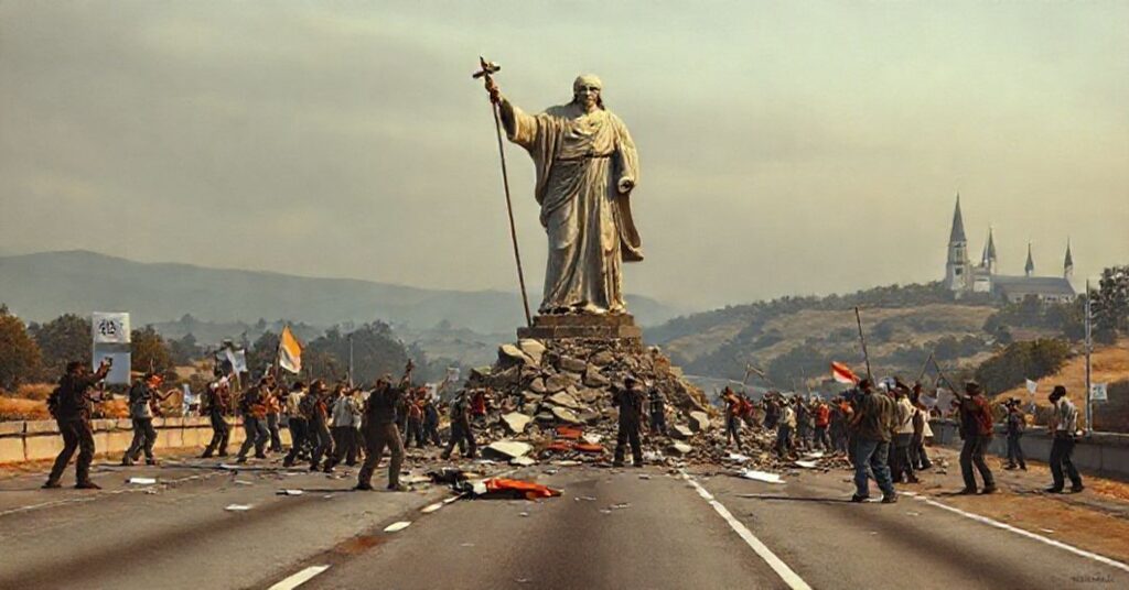 Zniszczony pomnik błogosławionego Junípero Serry w Kalifornii - symbol rewolucyjnego niszczenia katolickiego dziedzictwa