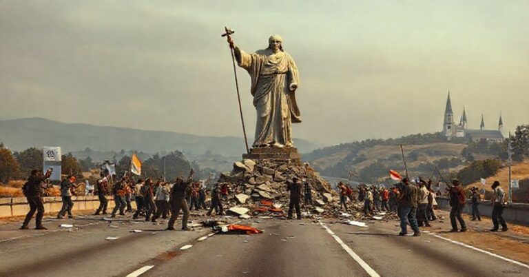 Zniszczony pomnik błogosławionego Junípero Serry w Kalifornii - symbol rewolucyjnego niszczenia katolickiego dziedzictwa