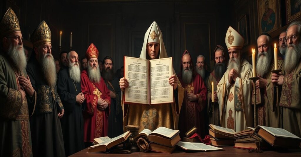 Obraz przedstawiający tradycyjnych duchownych wschodnich obserwujących zniszczenie ich prawa kanonicznego przez synodalną rewizję.