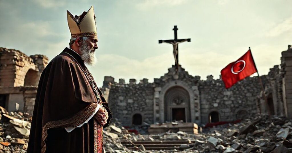 Tradycyjny katolicki biskup stoi w ruinach zniszczonego kościoła na Bliskim Wschodzie, symbolizując zniszczenie prawdziwego katolicyzmu.
