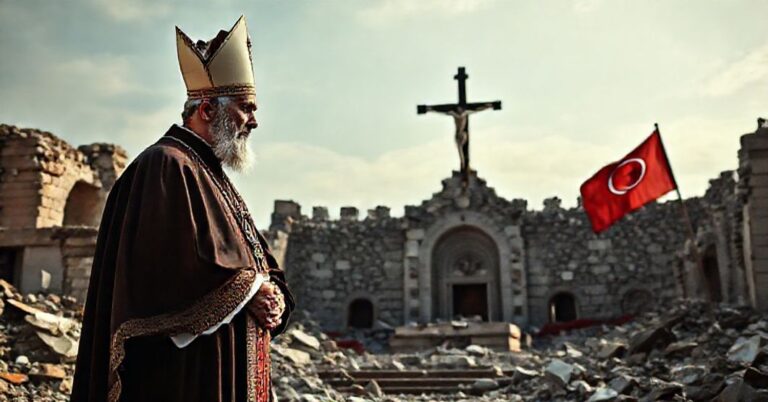 Tradycyjny katolicki biskup stoi w ruinach zniszczonego kościoła na Bliskim Wschodzie, symbolizując zniszczenie prawdziwego katolicyzmu.