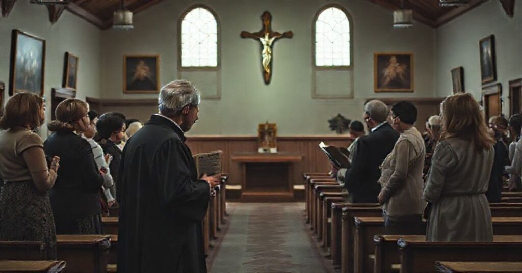 Prywatna szkoła katechetyczna w tradycyjnym kościele katolickim z grupą ludzi wyrażających obawę wobec nowych programów katechetycznych