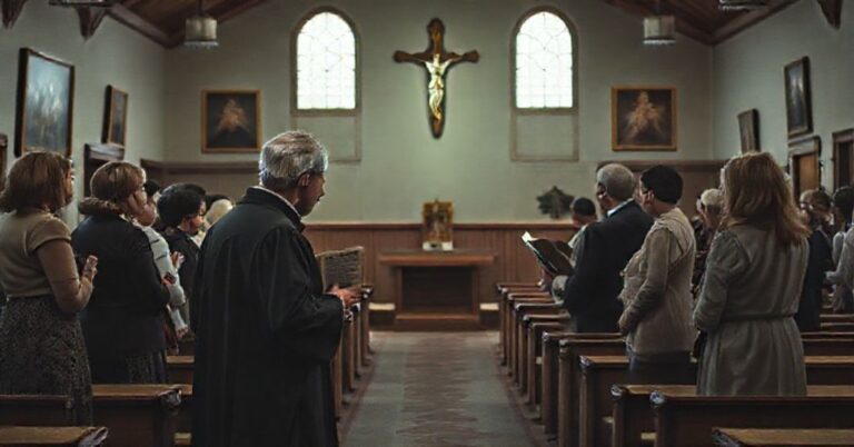 Prywatna szkoła katechetyczna w tradycyjnym kościele katolickim z grupą ludzi wyrażających obawę wobec nowych programów katechetycznych