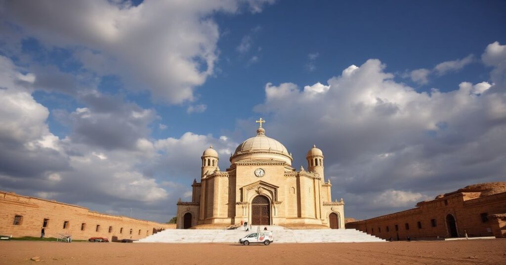 Zdjęcie przedstawiające zniszczoną chrześcijańską wioskę w południowym Libanie z modlącym się kapłanem na tle ruin kościoła.