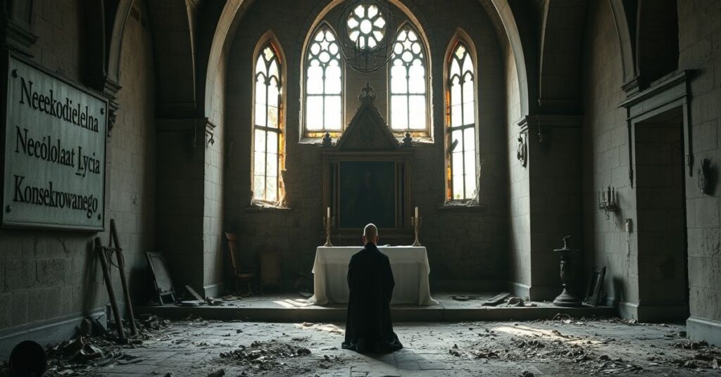 Zniszczony klasztor katolicki z modlącym się mnichem w tradycyjnym habitie przed zdewastowanym ołtarzem.