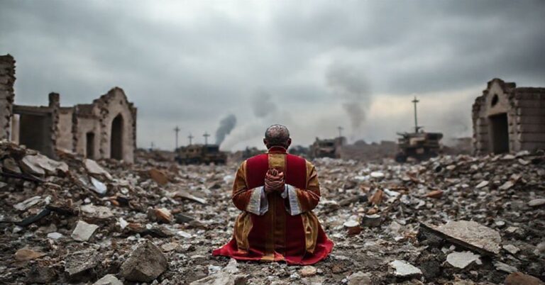 Scena zniszczonego kościoła w Gazie z siedzącym księdzem w tradycyjnych szatach liturgicznych modlącym się wśród ruiny. Na tle widoczne izraelskie pojazdy wojskowe i dym z wybuchów.