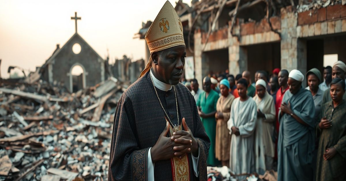 Zniszczony kościół w Nigerii po atakach islamskich. Biskup Anselm Pendo Lawani modli się wśród ruin.