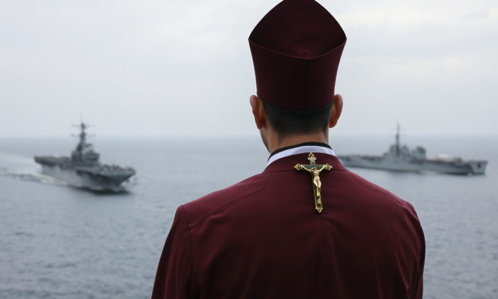 Obraz przedstawiający niszczyciele USA Truxtun i USS Mason płynące przez Cieśninę Ormuz z tłem konfliktu zbrojnego. Na pierwszym planie kapłan katolicki w tradycyjnych szatach modli się za pokój i sprawiedliwość.