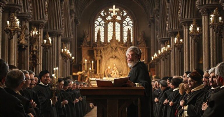 Kryzysztof Nitkiewicz wygłasza homilię w katedrze w Sandomierzu z betlejemską grotą w tle