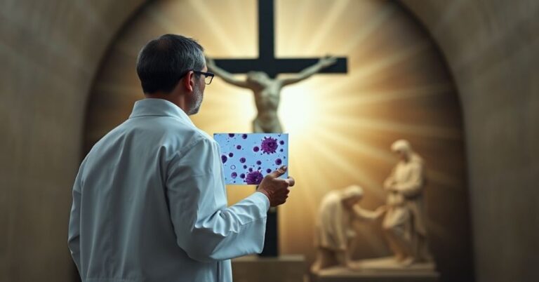 Naukowca w białym fartuchu przed krzyżem z mikroskopowym preparatem komórek odpornościowych, tło z freskiem Michała Anioła z Sistynskiego Kaplicy