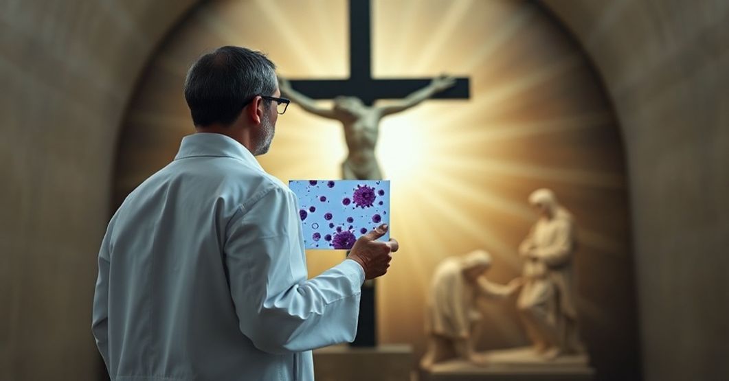 Nobel z medycyny i ewolucyjna herezja Naukowca w białym fartuchu przed krzyżem z mikroskopowym preparatem komórek odpornościowych, tło z freskiem Michała Anioła z Sistynskiego Kaplicy