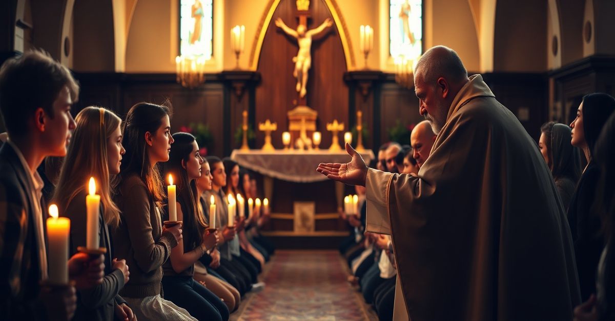 Młode osoby klęczące w tradycyjnym kościele katolickim podczas Nocy Konfesjonałów, szukające prawdziwego rozgrzeszenia od kapłana w sutannie.