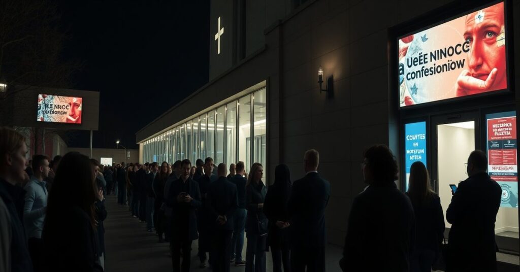Obraz przedstawiający nowomodernistyczną akcję 'Noc Konfesjonałów', gdzie ludzie stoją w kolejce do nowoczesnego konfesjonału w sztucznym oświetleniu. Scena ukazuje obłudę i powierzchowność pseudopokuty.