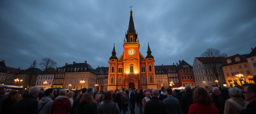 Widok dawnego cysterskiego opactwa w Gościkowie-Paradyżu podczas Nocy Muzeów - tłumy turystów zamiast modlitwy