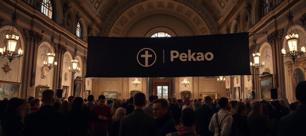 Wnętrze Zamku Królewskiego w Warszawie podczas Nocy Muzeów. Widoczna jest ekspozycja sztuki i goście, ale brak nawiązania do duchowych korzeni chrześcijańskich. Prominentny baner z logo Banku Pekao S.A. jest widoczny.