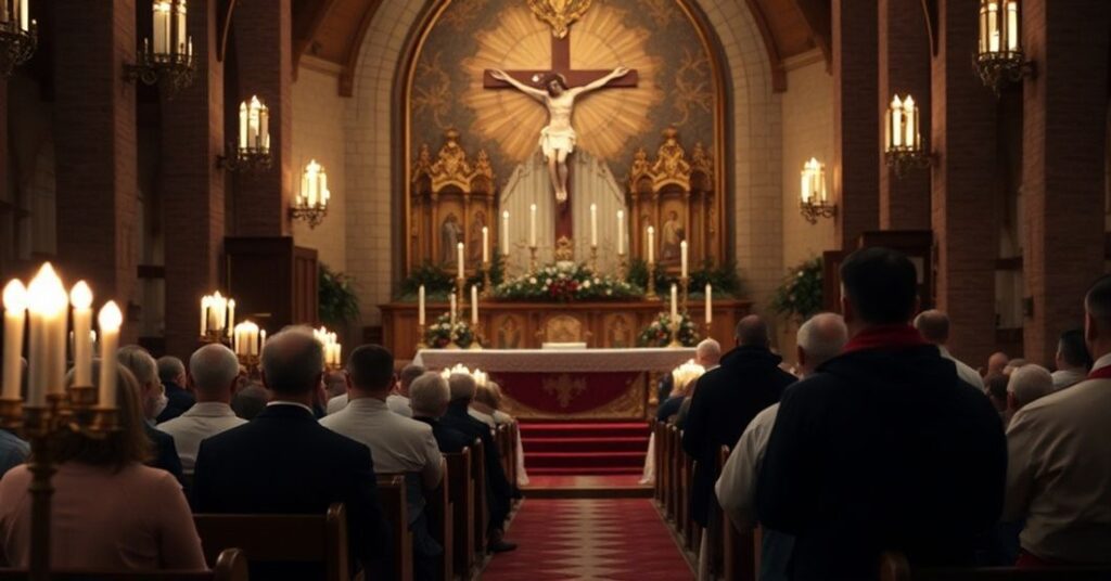 Stara tradycyjna kościelna noc wigilijna z kapłanem w ornaty, krzyżem i modlącą się kongregacją.