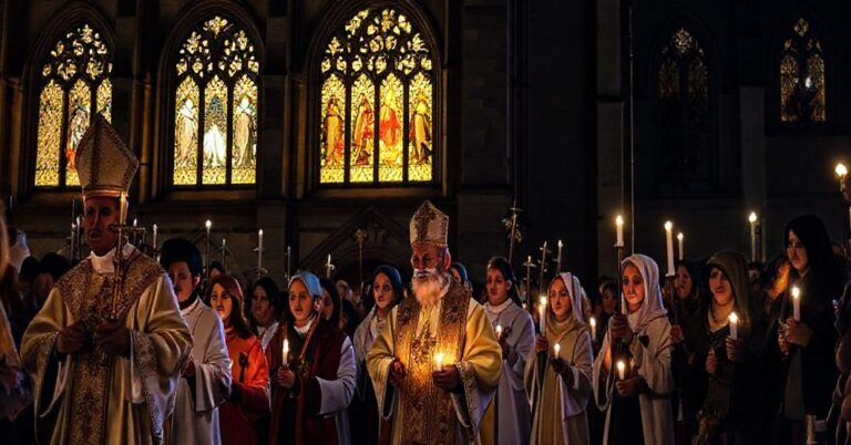 Procesja katolicka w Kielcach w trakcie Nocy Zadusznej, z wiernymi modlącymi się w tradycyjnych strojach, kler w ornatach liturgicznych, relikwie świętych, świetlista katedra gotycka na tle nocy.