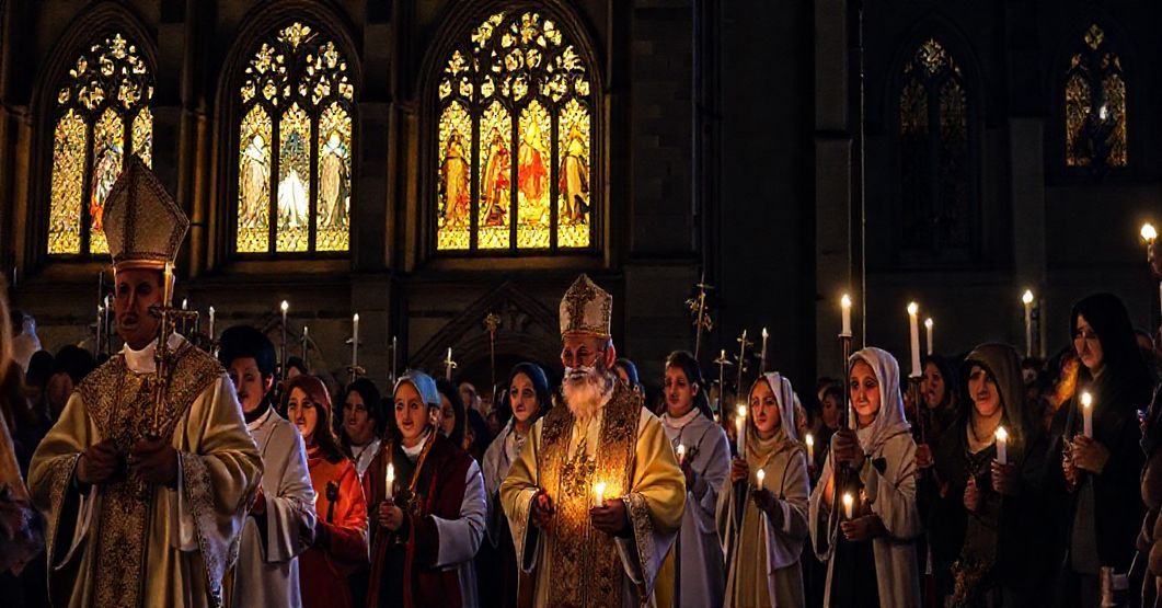 Procesja katolicka w Kielcach w trakcie Nocy Zadusznej, z wiernymi modlącymi się w tradycyjnych strojach, kler w ornatach liturgicznych, relikwie świętych, świetlista katedra gotycka na tle nocy.