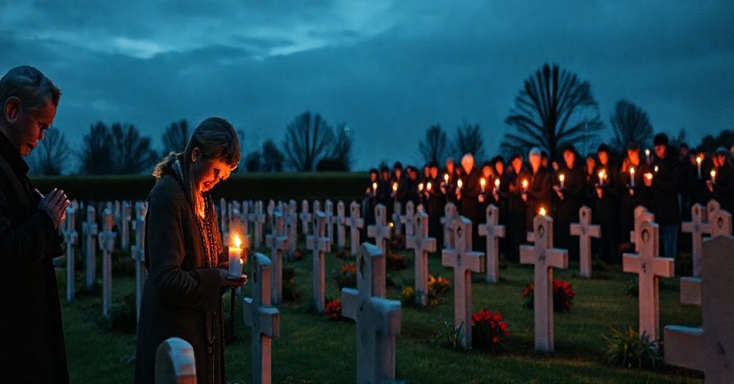 Cmentarz wojenny we Wrocławiu w nocy z katolickimi wiernymi modlącymi się i świetlącymi białe zniczki przy grobach, w kontrastzie z sekularnymi uczestnikami z czerwonymi zniczkami.