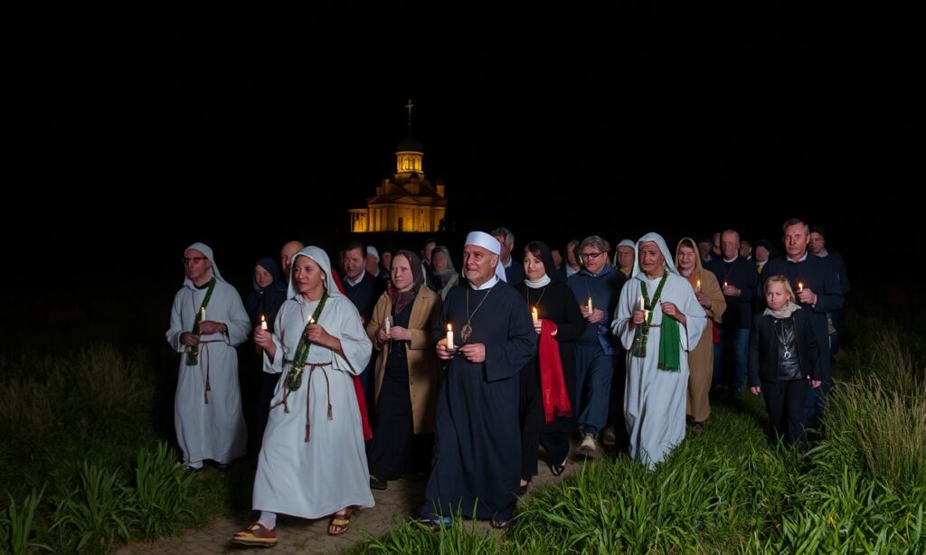 Grupa pielgrzymów wędruje nocą z Głogowa do sanktuarium Matki Bożej Jutrzenki Nadziei w Grodowcu