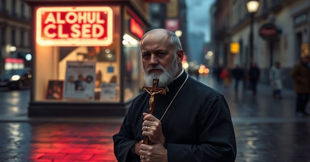 Ksiądz katolicki modlący się przed zamkniętym sklepem w nocnej Warszawie symbolizując duchową walkę z alkoholizmem i społeczną degradacją.