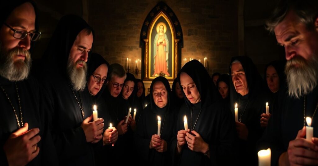 Grupa poważnie ubranych pijarów i wiernych modli się w Kaplicy Różańcowej na Jasnej Górze w nocy.