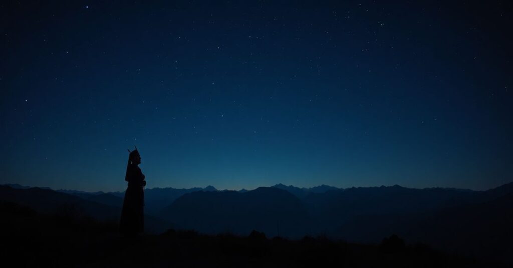 Nocny widok na Tatry bez turystów, z samotnym księżycem i gęstą ciemnością. Przedstawia brak duchowego wymiaru w ochronie przyrody.