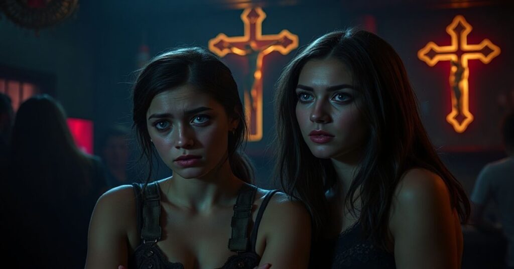 Młoda kobieta w niebezpiecznej sytuacji noclegowej z widocznymi oznakami odurzenia i druga kobieta próbująca jej pomóc w ciemnym klubie nocnym