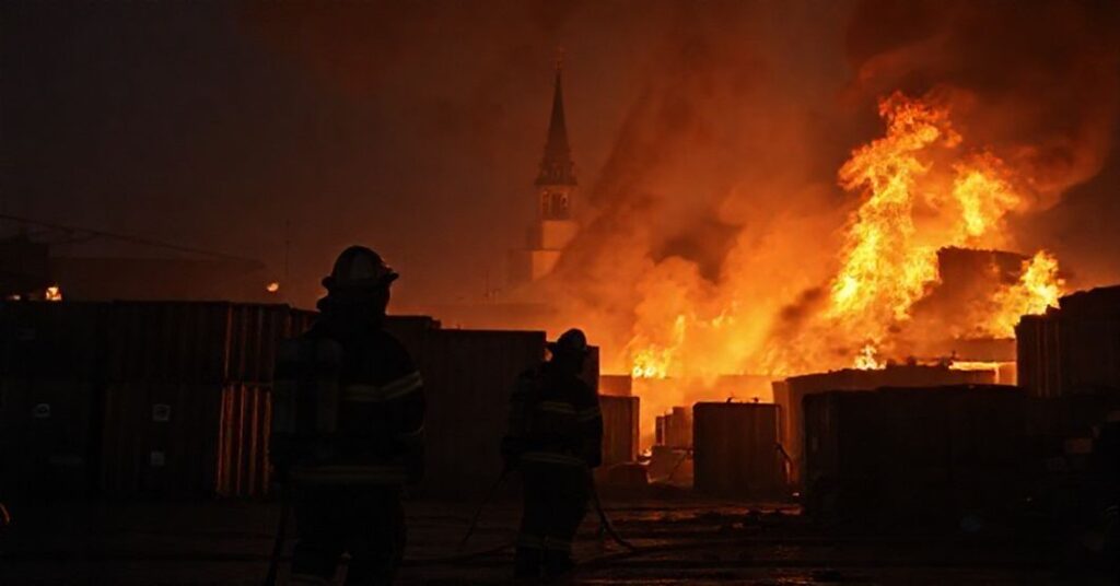 Nocny pożar na warszawskim targowisku Bakalarska - strażacy gaszą płonące kontenery w ciemnej ulicy