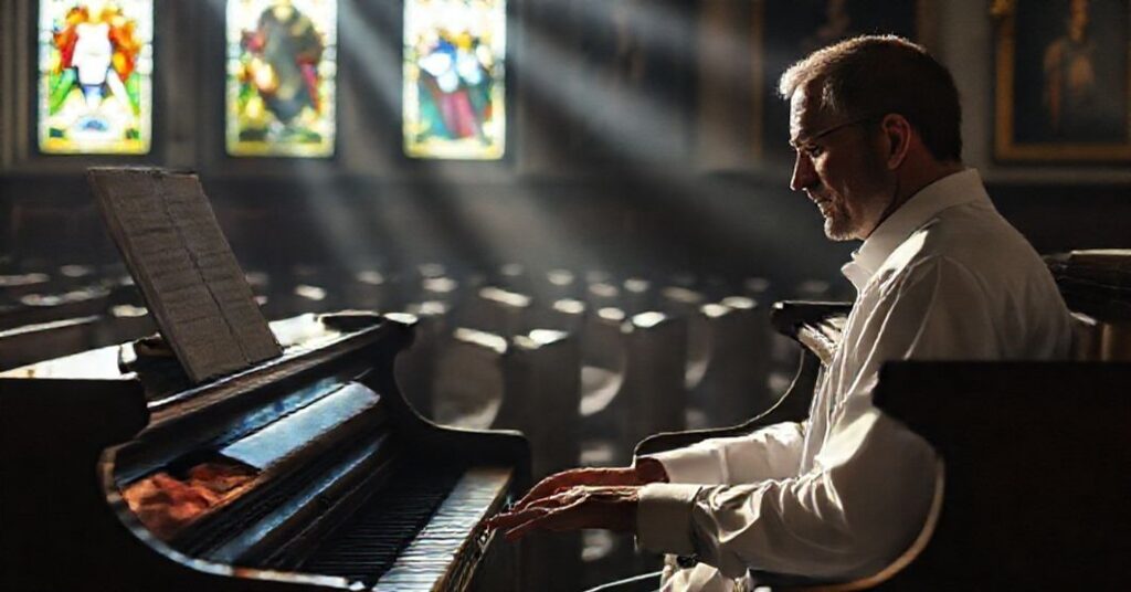 Pianista gra Nocturny Chopina w kościele w tradycyjnym otoczeniu sakralnym.