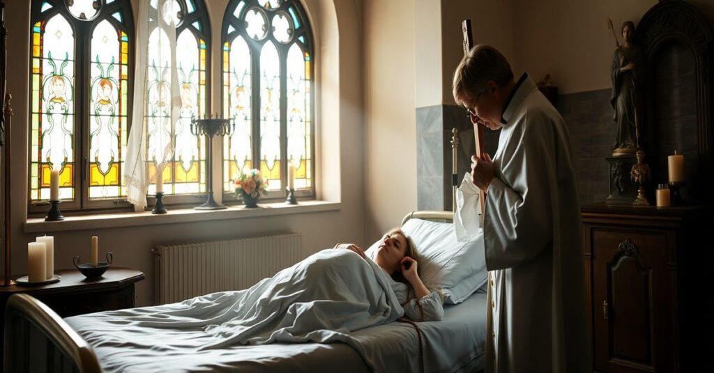 Obraz przedstawiający tragiczny przypadek 25-letniej Noelii Castillo Ramos w Hiszpanii planowanej do eutanazji w 2026 roku. Matka modli się u jej łóżka, a kapłan w tradycyjnym habitacie trzyma krzyż.