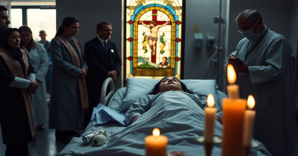 Noelia Castillo Ramos leży na szpitalnym łóżku otoczona nowoczesnymi urządzeniami medycznymi i wątpliwym duchowieństwem w modernistycznych ornatach. Na tle widać bezinteresownych świadków i aktywistów świeckich. Przez zasłonięte witraże ledwie widoczna jest scena Ukrzyżowania, symbolizująca brak prawdziwej łaski katolickiej.