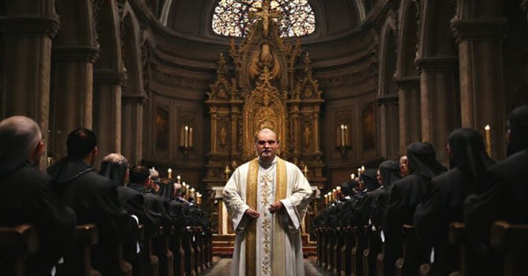 Wnętrze kościoła katolickiego z tradycyjnymi elementami, przedstawiające poważnie wyglądającego kapłana w ornatach przed ozdobnym ołtarzem, otoczonego przez augustianów w habitach. Scena przejawia powagę momentu ogłoszenia ostatniej destrukcyjnej nominacji antypapeża Leona XIV. Światło jest delikatne i pogodne, podkreślające sakralność miejsca i kontrast z herezjami modernistycznymi.