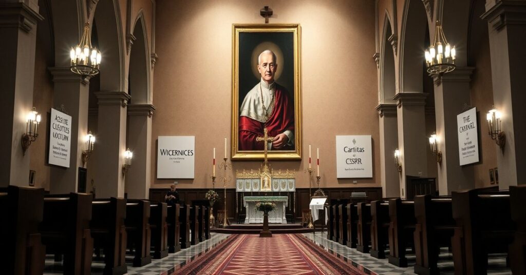 Wnętrze kościoła z tradycyjnym sakramentem konsekracji biskupiej w kontrastzie z nowoczesnymi odchyleniami modernistowskimi