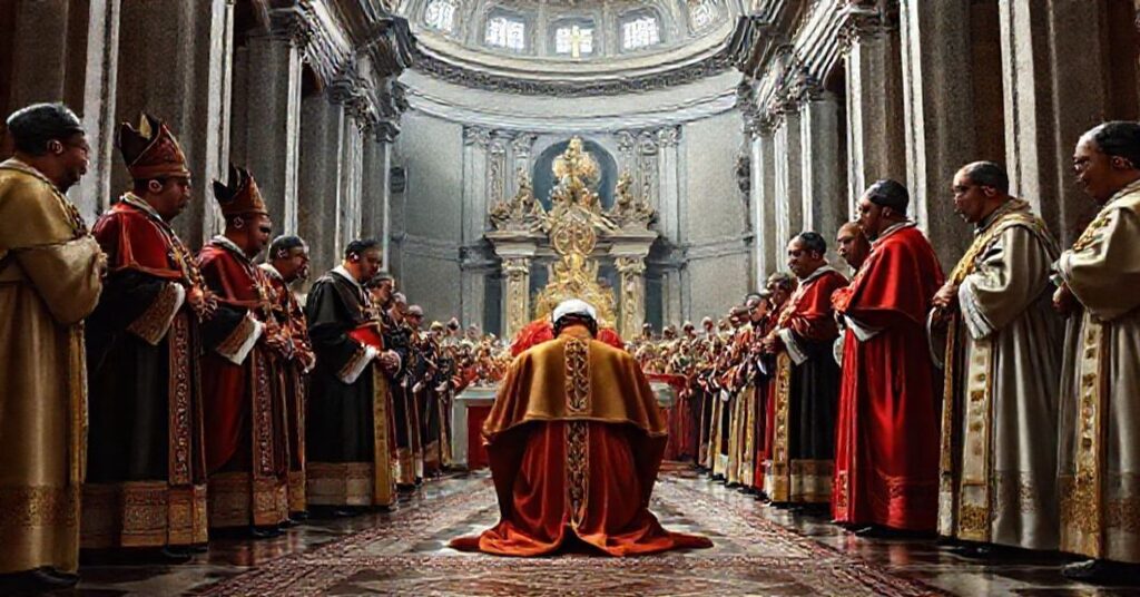 Traditionalna katolicka scena ukazująca nominację Edwarda Danianga Dalenga na wice-regenta Domu Papieskiego przez uzurpatora Leona XIV. Moment uroczystości w Bazylice św. Piotra.