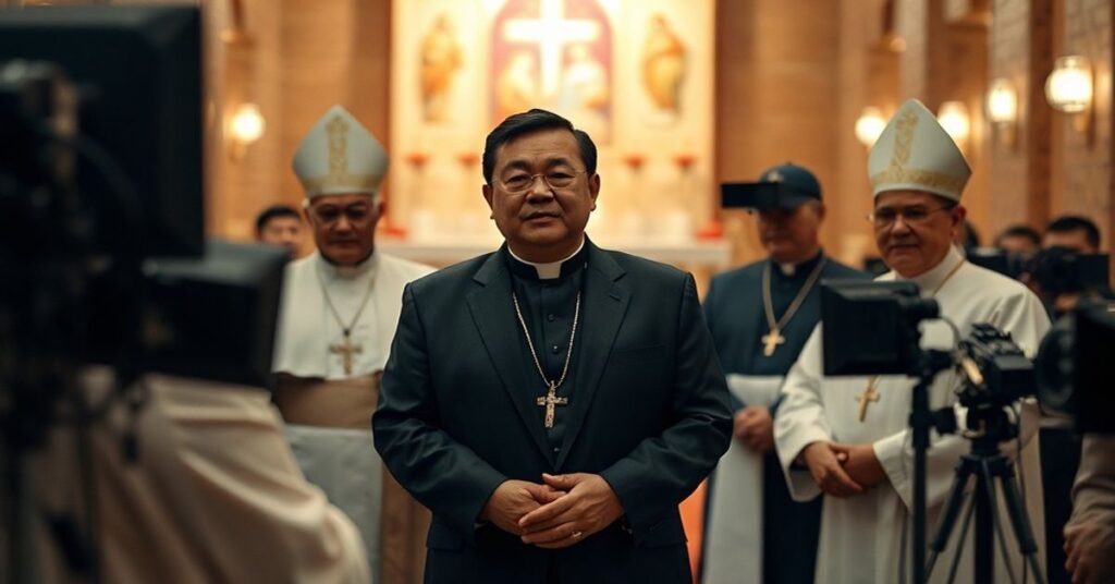 Scena przedstawiająca nominację Edwina Lopeza na sekretarza pseudo-episkopatu Filipin w tradycyjnym katolickim stylu.