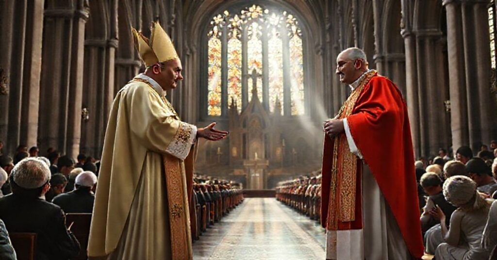 Tradycyjny biskup w pełnym ornacie liturgicznym stoi w krakowskim katedrze przy wejściu kard. Rysia. Święte działa są realizowane w tradycyjnym stylu.