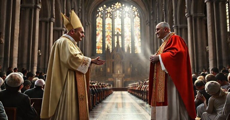Tradycyjny biskup w pełnym ornacie liturgicznym stoi w krakowskim katedrze przy wejściu kard. Rysia. Święte działa są realizowane w tradycyjnym stylu.