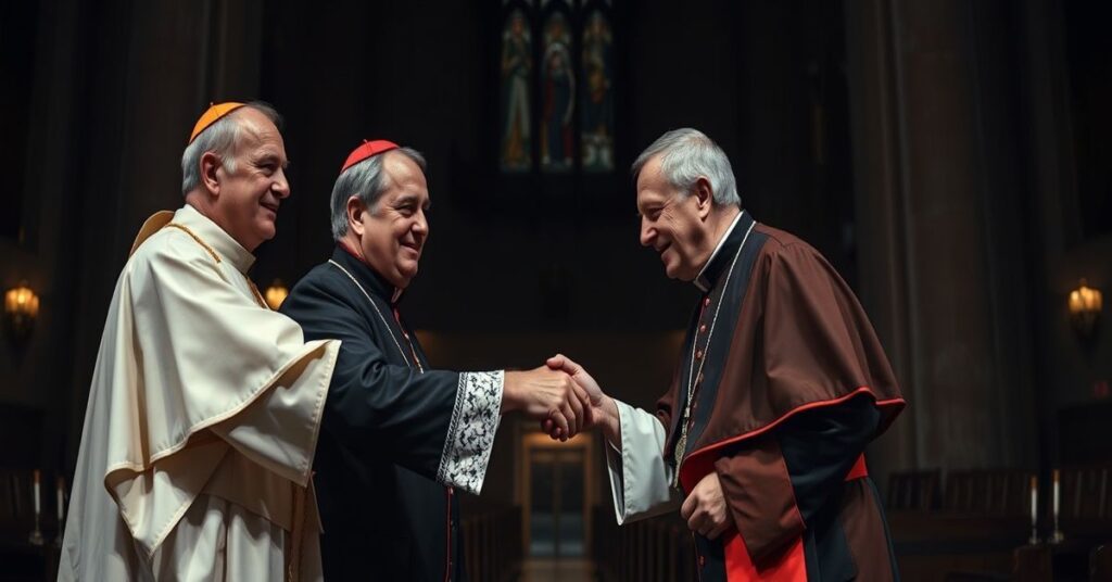 Zdjęcie przedstawiające „arcybiskupa” Tadeusza Wojdę i „kardynała” Konrada Krajewskiego w katedrze łódzkiej podczas biurokratycznego ceremoniału nominacji.