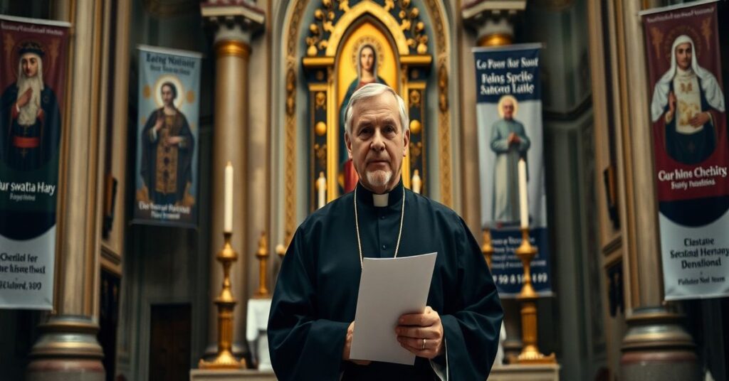 Obraz przedstawiający zwodniczą nominację modernistycznego "biskupa" Stanislava Pribyla CSsR w Pradze, symbolizującą upadek katolickiej tradycji.