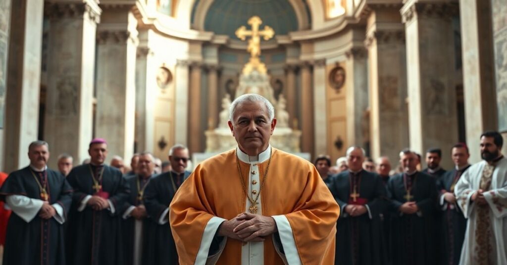 Wizerunek ks. Carlo Roberto Marii Redaelliego w tradycyjnych szatach kapłańskich przed ołtarzem głównego w Bazylice św. Piotra w Watykanie.