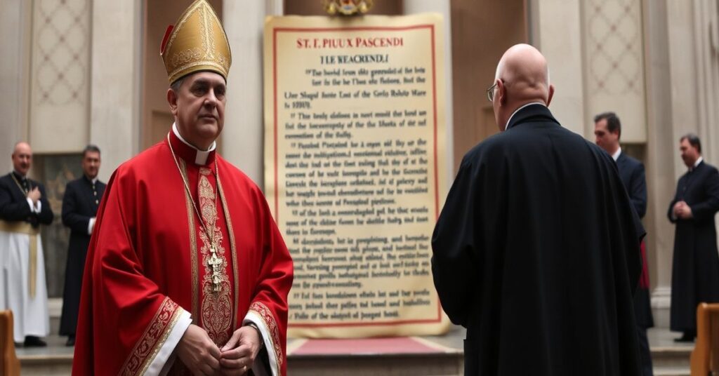 Obraz przedstawiający nominację "arcybiskupa" Carlo Roberto Marii Redaelliego na sekretarza Dykasterii ds. Duchowieństwa przez uzurpatora Leona XIV, symbolizującą zniszczenie kapłaństwa sakramentalnego.